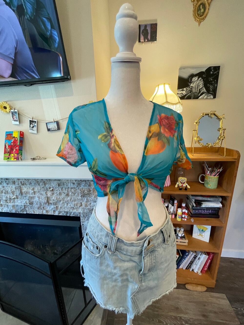 fruit floral blue tie front top